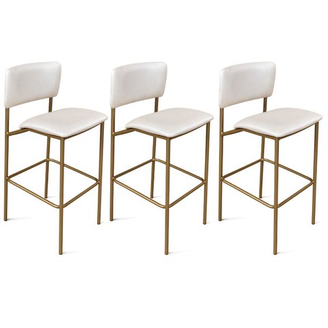Banqueta Alta Aurora Dourada Off White para Bancada com Encosto Kit 3 Unidades