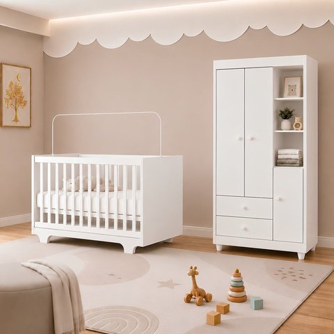 Quarto de Bebê Completo Guarda Roupa 3 Portas e Berço Mini Cama 100% MDF Encanto