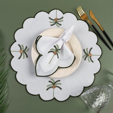 Kit 12 Jogos Americanos Guardanapos de Mesa Redondo Bordado Tropical Branco - 100% Poliéster
