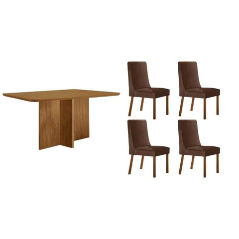 Sala Jantar Mesa Berlim Tampo Curvo 120cm+4 Cadeiras Dakota Madeira Naturale - Capuccino/suede