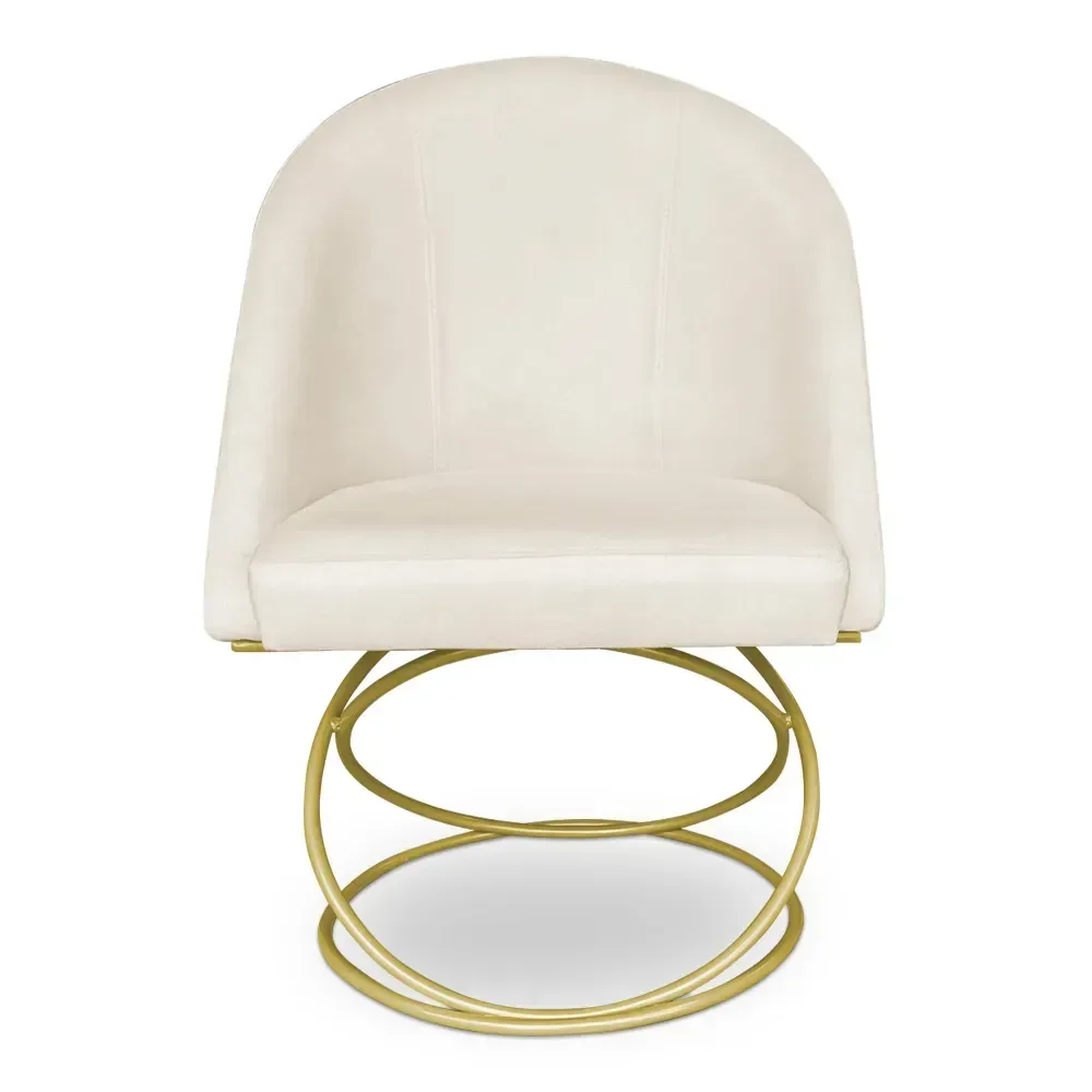 Poltrona Cadeira de Jantar Luxo Estofada Base Metal Dourado Sala Cozinha Recepção Suede Off White El