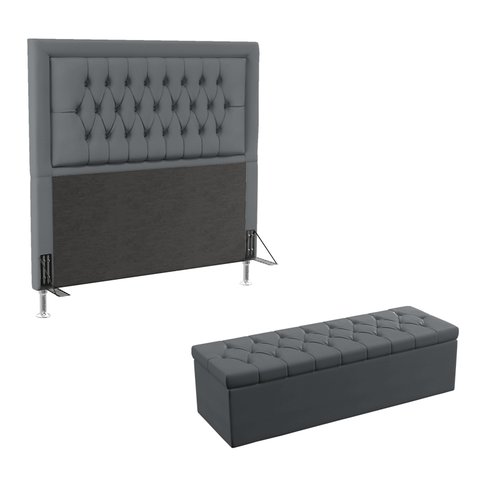 Kit Cabeceira Estofada Decorativa Pegasus e Calçadeira Sagitarius 195 Para Cama King Sued Cinza Arad