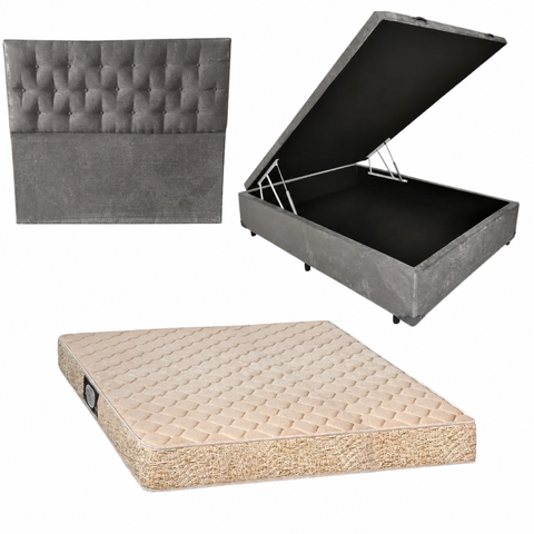 Cama Box Baú Blindada com Colchão de Espuma Toulon D33 + Cabeceira Botonê - Casal Suede Cinza