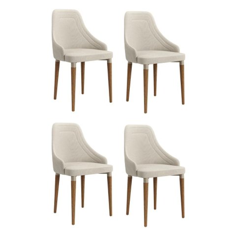 Conjunto de 4 Cadeiras de Madeira Maciça Estofada Evelyn Natural com Linho Off White