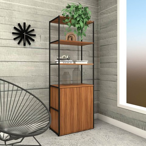 Estante Industrial 172cm Prateleiras e Armário Estrutura Metálica Industrial Executive Marrom/Nogal/