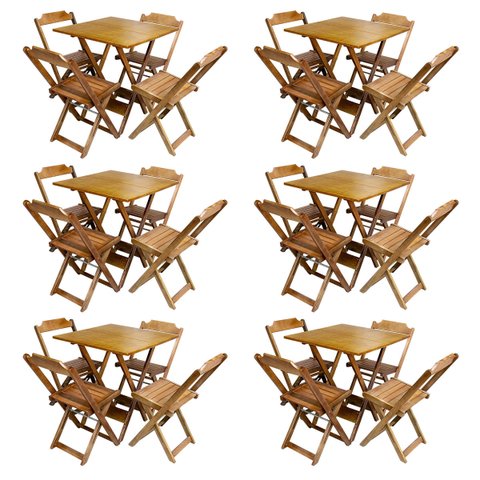 Kit 6 Conjuntos de Mesa com 4 Cadeiras de Madeira Dobrável 70x70 Mel