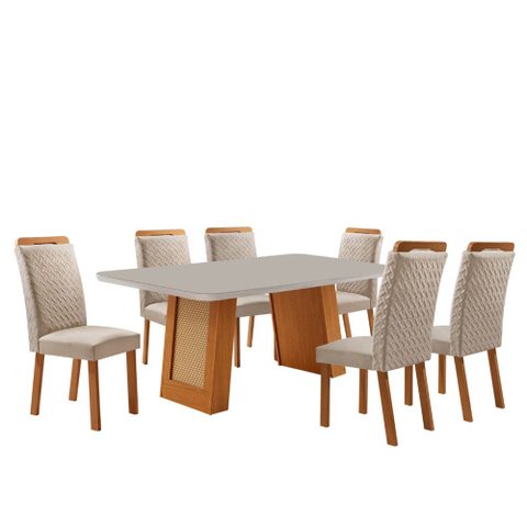 Mesa de Jantar Carolina 180cm Tampo MDF Vidro Canto Copo com 6 Cadeira Aline