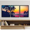 Kit 3 Quadros Praia por do Sol Palmeiras 45x34cm - com Vidro:madeira Branca - 1