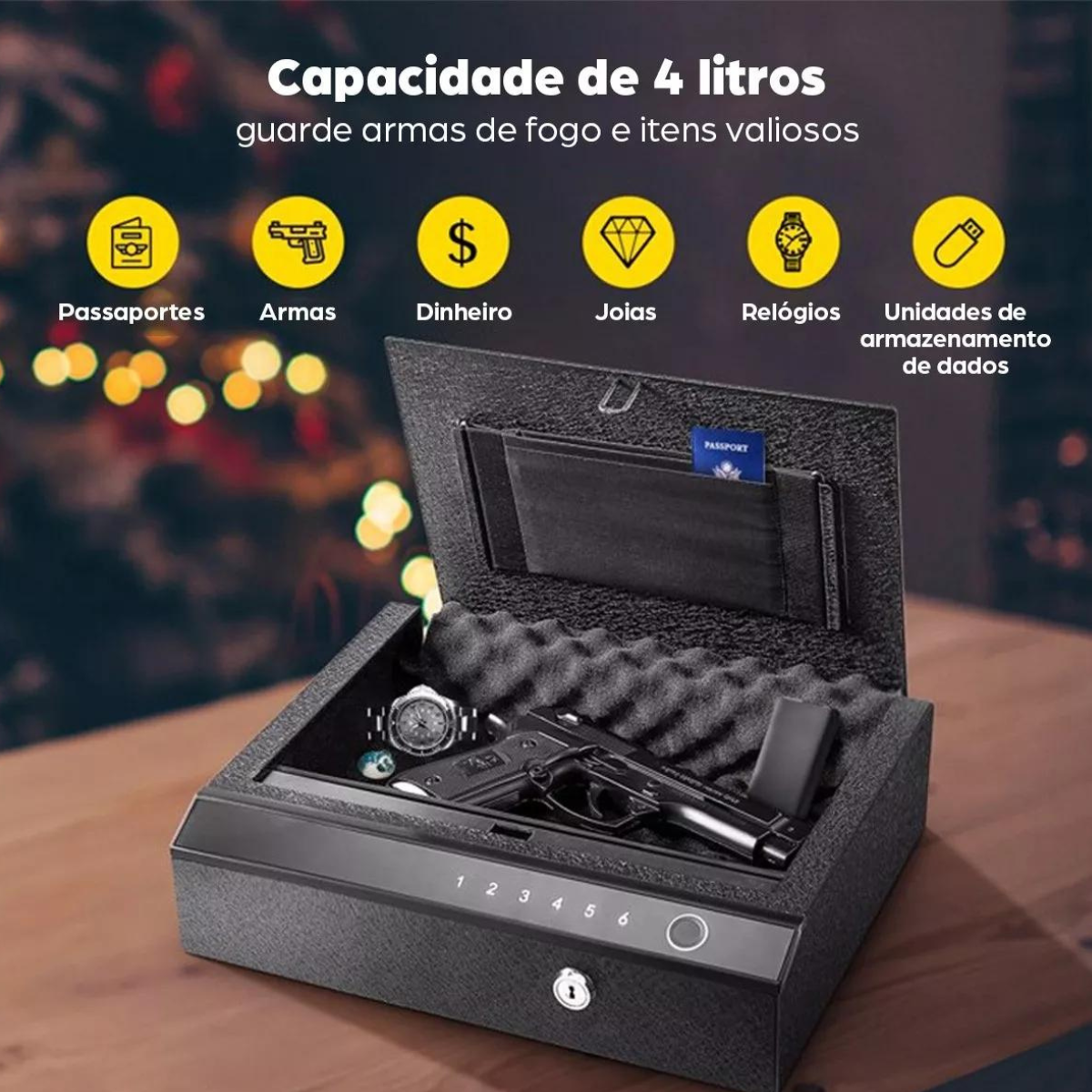 Cofre Digital Eletrônico e Leitor Biométrico Deend  Para Armas e Valores: Preto - 2