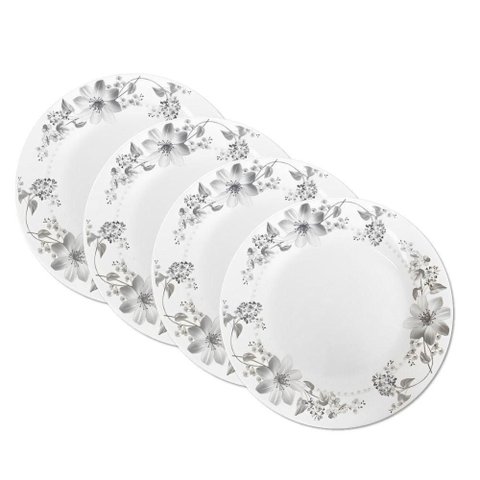 Jogo 4 Prato Raso de Vidro Branco Flores Cinza Flowers Grey 26cm em Casa Tem