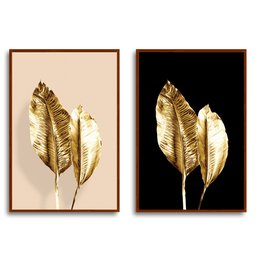 Quadro Premium Textura CX Alta Folhas de Ouro 3 2un 40x60  - Moldura Ocre - 2