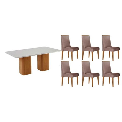 Sala de Jantar Completa Maldivas C/ Tampo Madeirado C/ Vidro Canto Curvo 180x90cm e 6 Cadeiras