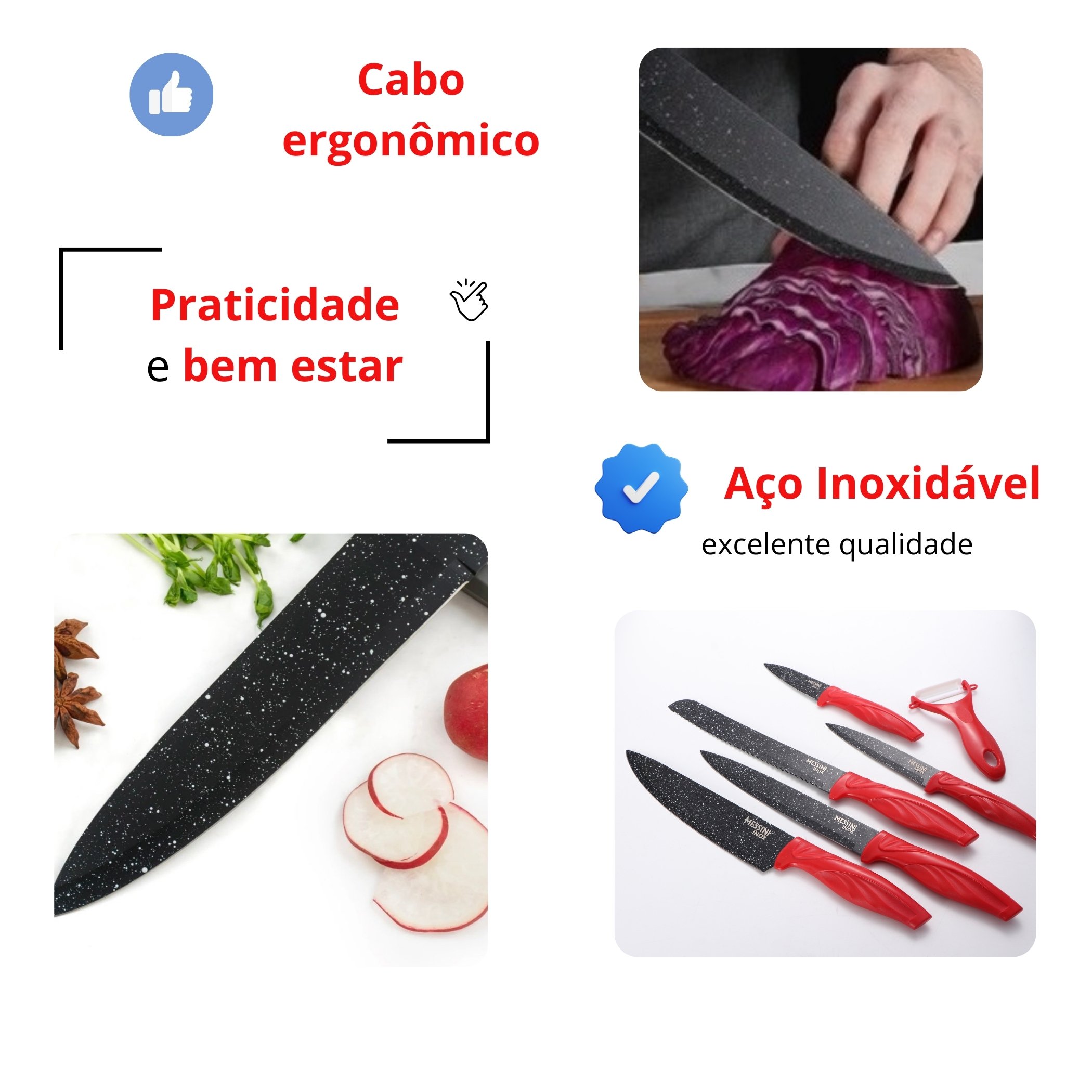 Jogo de Facas Inox 6 Peças Vermelho Antiaderente - 4