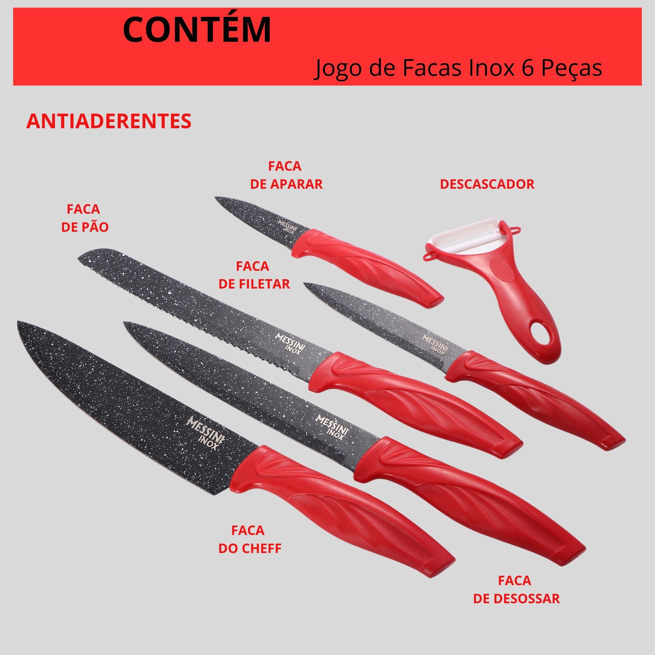 Jogo de Facas Inox 6 Peças Vermelho Antiaderente - 5