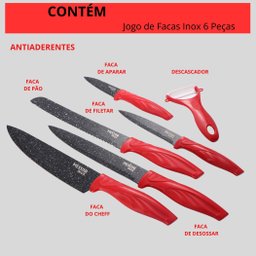 Jogo de Facas Inox 6 Peças Vermelho Antiaderente - 5