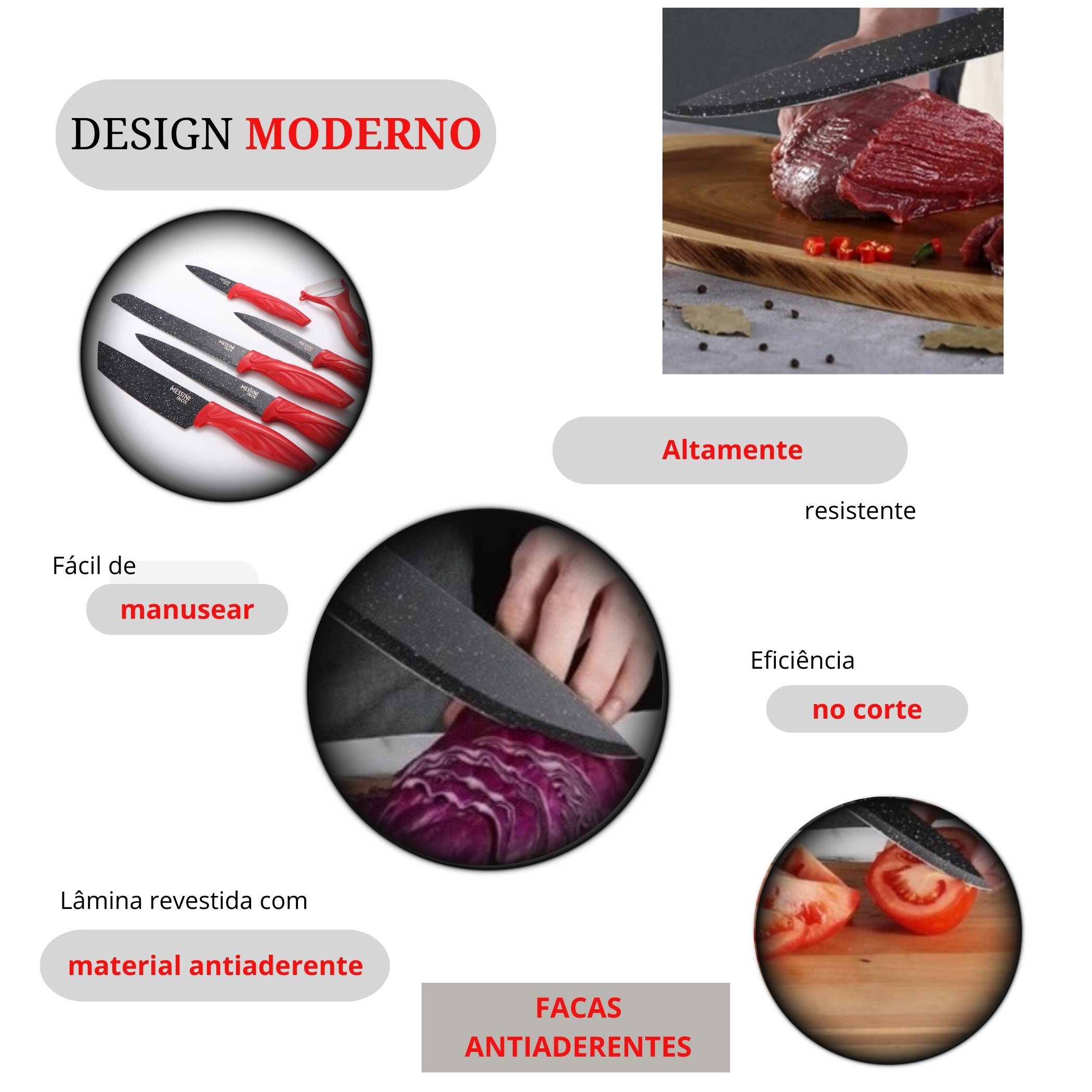 Jogo de Facas Inox 6 Peças Vermelho Antiaderente - 3