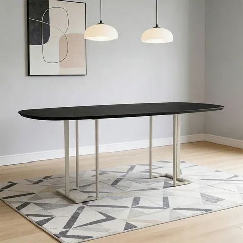 Mesa Jantar 8 Lugares Retangular Orgânico com Vidro 200cm Pés Industrial Alina N01 Preto Champanhe