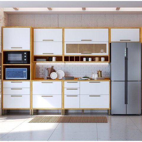 Cozinha Completa Modulada 100% MDF 6 Peças 10 Portas 6 Gavetas e Vidro 354cm Vicenza Espresso Móveis Branco/Amêndoa/Brilho