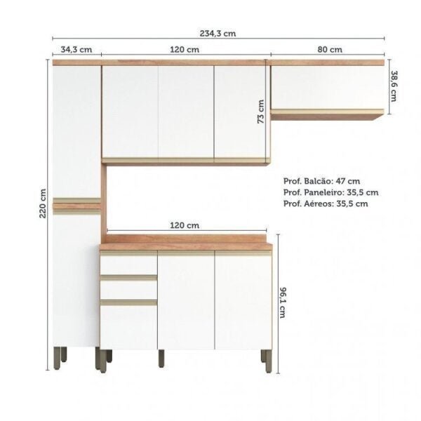 Cozinha Modulada Compacta com 4 Peças 9 Portas 2 Gavetas e Tampo 100% ...