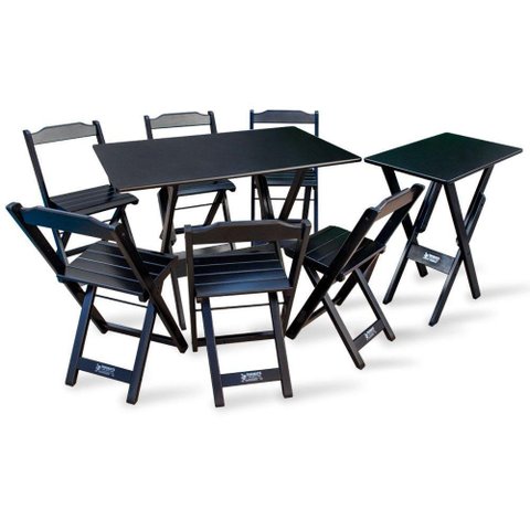 Jogo De Mesa Dobrável 1,10x70 Com 6 Cadeiras E Mesa Aparador Preto Cor: Preto