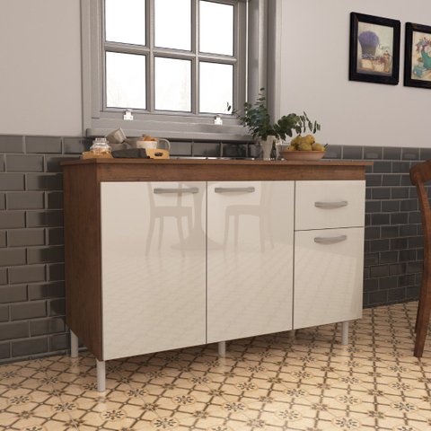 Balcão de Cozinha para Pia de 120cm Com Tampo Suiça Fidelitá 3 Portas 1 Gaveta