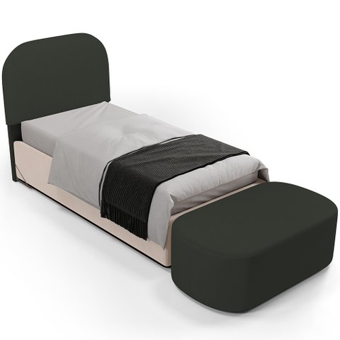Cabeceira Cama Box 100cm Lanna com Puff Recamier Doha W01 Linho Verde Musgo - Lyam Decor