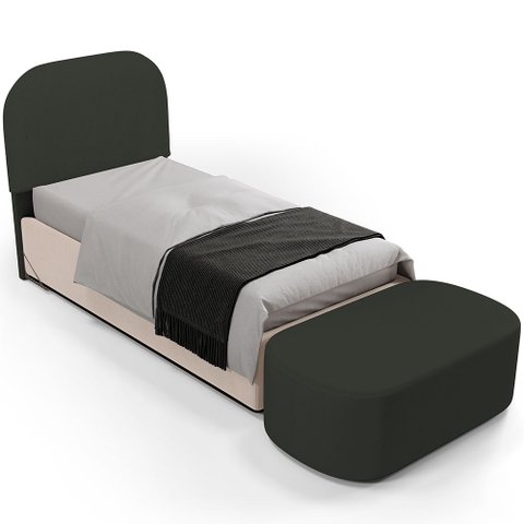 Cabeceira Cama Box 100cm Lanna com Puff Recamier Doha W01 Linho Verde Musgo - Lyam Decor
