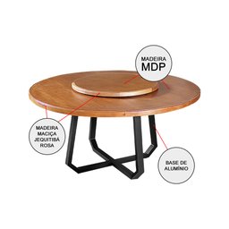 Mesa de Jantar Industrial Clarisse Redonda 1,60m com Prato Giratório Base Alumínio - Tampo Castanho - 3