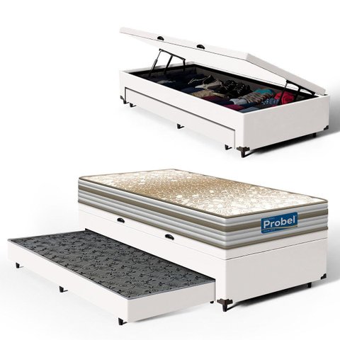 Cama Box Baú com Colchão de Molas Ensacadas Double Face Pillow Euro Alfa Probel + Auxiliar