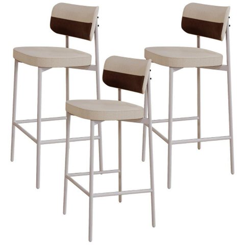 Kit 03 Banquetas Alta Bar Cozinha Sala de Jantar Aço Branco Kaira C01 Linho Areia Courino Whisky -