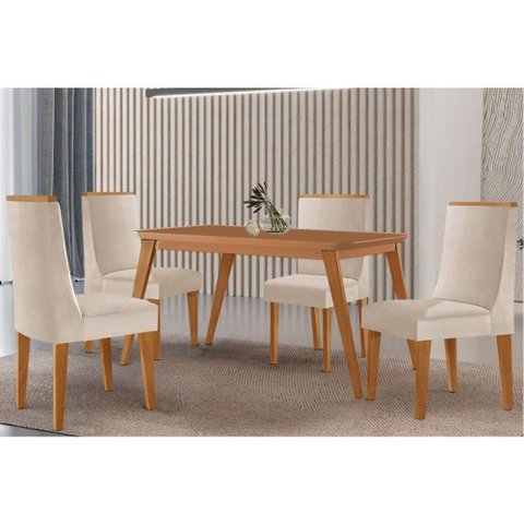 Sala Jantar Mesa Havana Tampo Curvo 120cm+4 Cadeiras Dakota Madeira Naturale - Capuccino/suede Creme