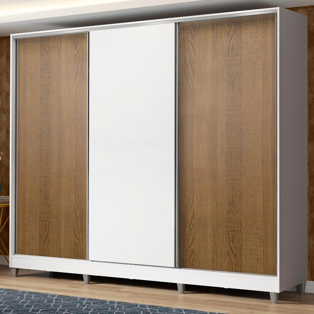 Guarda Roupa Casal 100% Mdf Madesa Zurique 3 Portas de Correr com Pés - Branco/rustic/branco