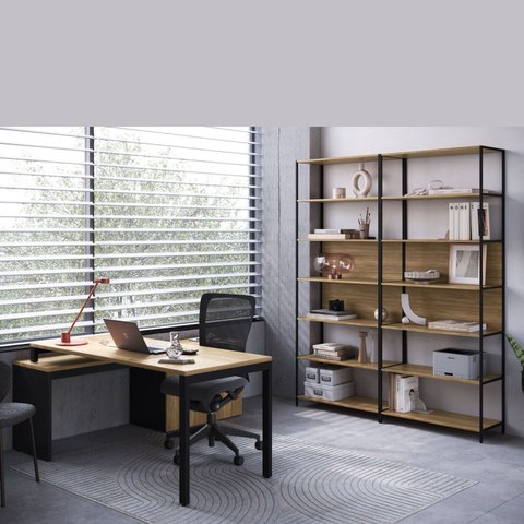 Conjunto de Escritório Mesa Diretoria 160cm com Balcão 1 Porta 2 Gavetas 180cm e 2 Estantes Concept Nogal Sevilha Preto Marrom