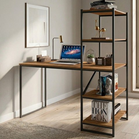 Escrivaninha Mesa Escritório com Estante Home Office Fit 130cm Industrial Yescasa Canela
