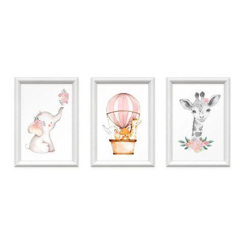 Kit 3 Quadros Decorativos Meu Rodapé Bichos com Flor e Balão 24x34