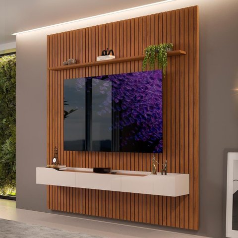 Rack com Painel Ripado para Tv até 75 Polegadas 250cm X 240cm Freijó Off White Pratic Dj Móveis