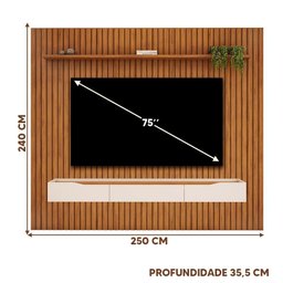 Rack com Painel Ripado para Tv até 75 Polegadas 250cm X 240cm Freijó Off White Pratic Dj Móveis - 3