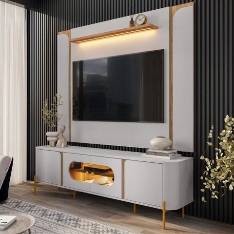 Painel para Tv 75 Pol com Led 180cm Maresca B02 Off White Cinamomo - Lyam Decor