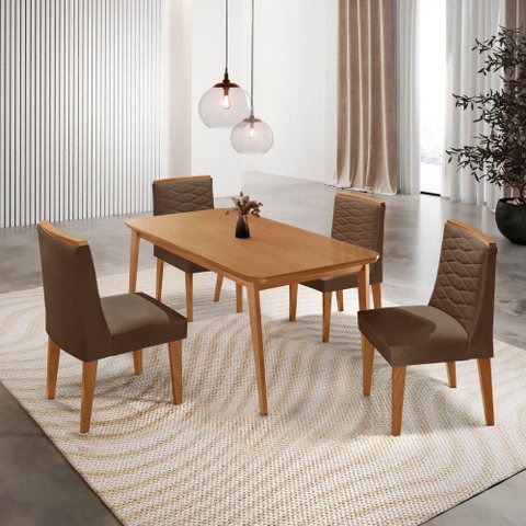 Mesa de Jantar Copper 120cm Tampo MDF com 4 Cadeiras Eloise Veludo Marrom/Naturalle/Naturalle