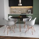 Ver imagem 1 de Mesa Jantar Redonda 110cm Preta Clips 3 Pés com 4 Poltronas Brancas Eames Eiffel Base Cobre