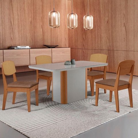 Mesa de Jantar Isadora 120cm Tampo Mdf Vidro com 4 Cadeiras Tork /off /naturale /serig Off