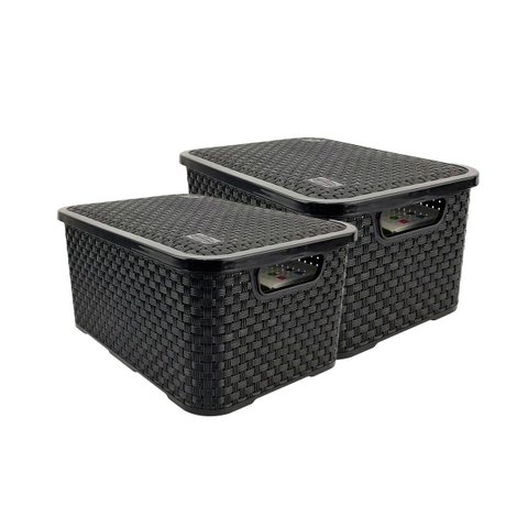 Kit 2 Caixas Organizadoras Rattan de Plástico Resistente Médio Cesto Com Tampa Capacidade 8 Litros C