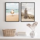 Ver imagem 2 de Kit 2 Quadros Praia Branco e Bege- Gaivota Farol 33x24cm:madeira Branca