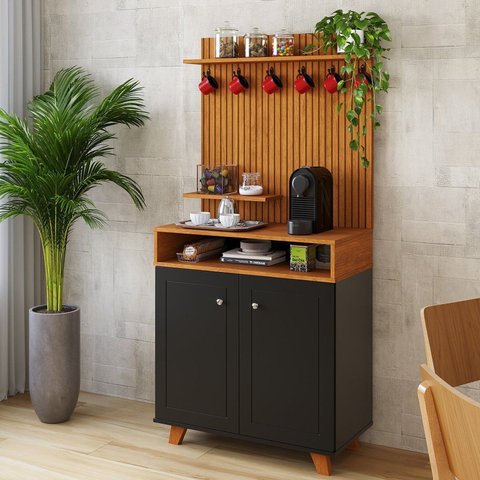 Aparador Balcão Buffet Star 2 Portas Yescasa Preto/Amadeirado/Marrom