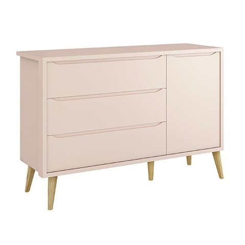 Cômoda Infantil Theo 1 Porta e 3 Gavetas Rosa Fosco com Pés Madeira Natural - Reller Móveis