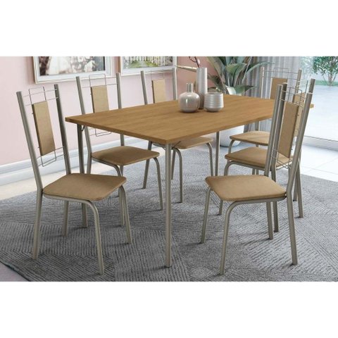 Sala de Jantar Completa Sena Tampo Madeirado 90x160cm e 4 Cadeiras Florença Niquel/nogueira -
