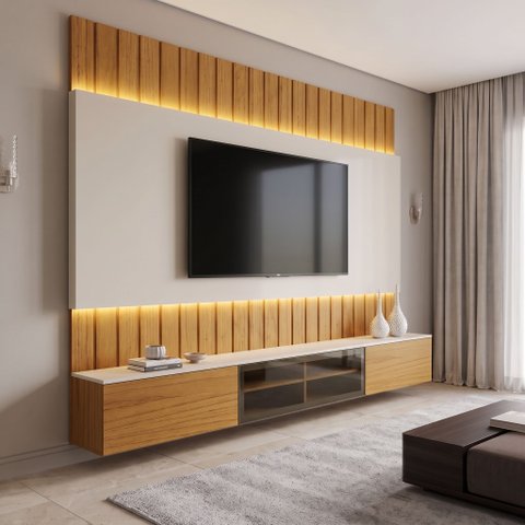 Estante para TV 115 Polegadas com Vidro com LED MDF 251,5cm x 260cm Naturale/Off-White Soberano