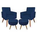 Ver imagem 1 de Kit 2 Poltronas e 2 Puffs Banqueta Redonda Nina Suede Pés Palito Castanho - Pallazio - Azul Marinho