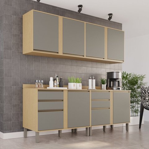 Cozinha Compacta Modulada 4 Peças 8 Portas 4 Gavetas Pérola Cinza/Jequitibá/Granizo