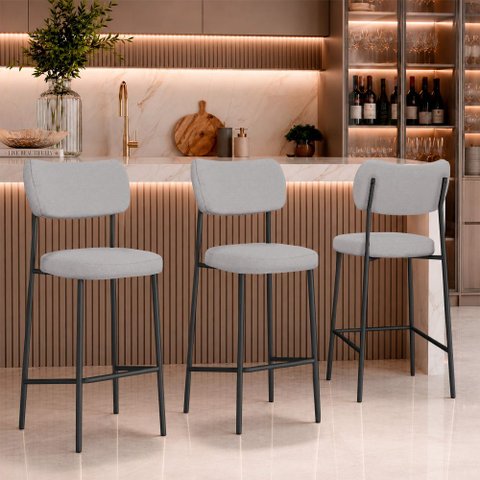 Kit 3 Banquetas Baixa Sala de Jantar Lisa Pés Preto Linho Cinza m² - Monari Design